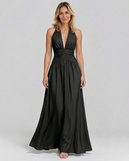 Poplin Halter Ruched Maxi Dress