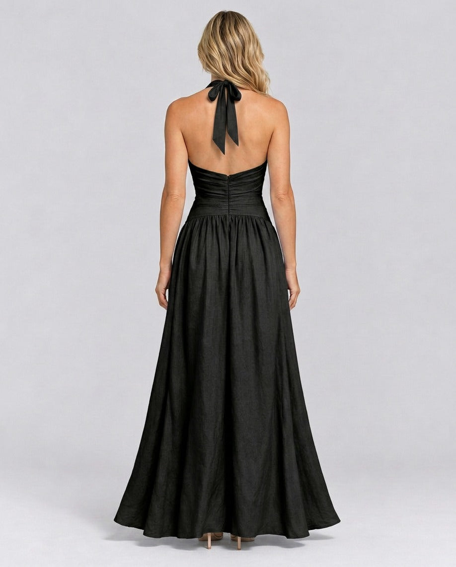 Poplin Halter Ruched Maxi Dress