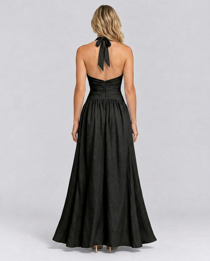 Poplin Halter Ruched Maxi Dress