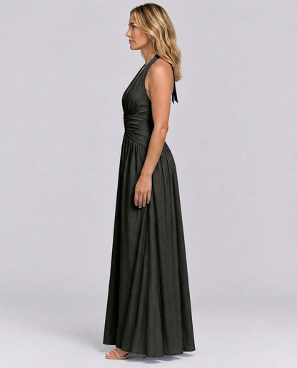 Poplin Halter Ruched Maxi Dress