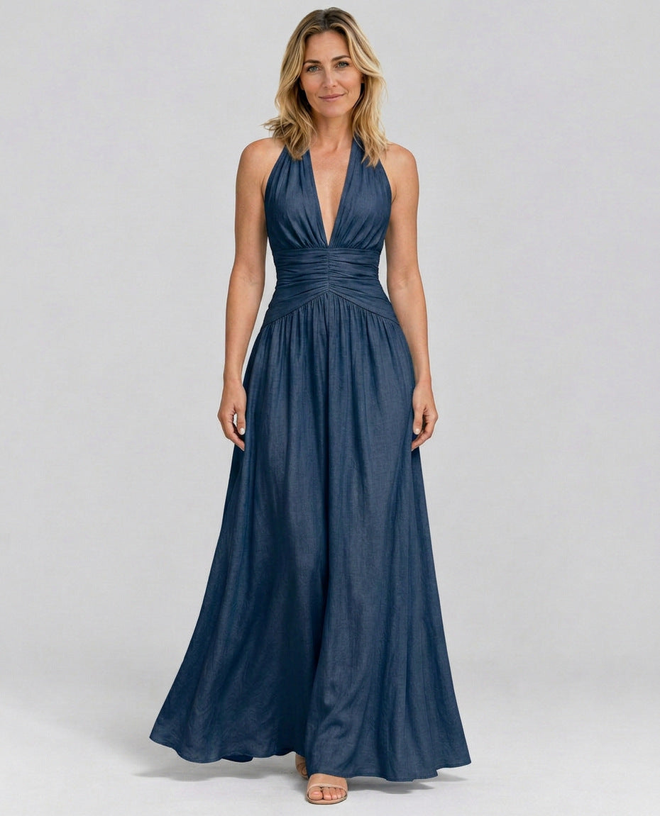 Poplin Halter Ruched Maxi Dress