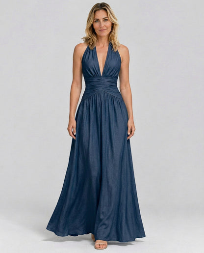 Poplin Halter Ruched Maxi Dress