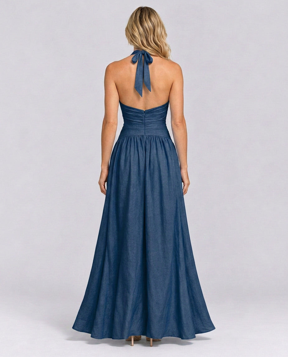 Poplin Halter Ruched Maxi Dress