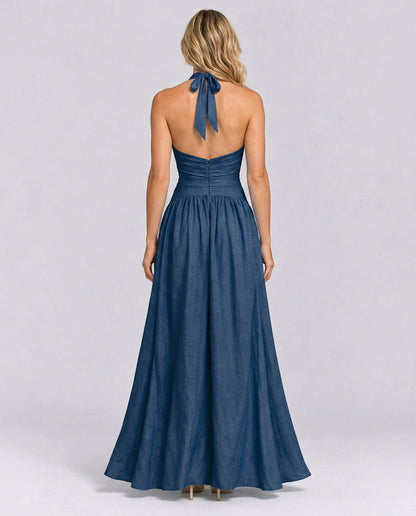 Poplin Halter Ruched Maxi Dress
