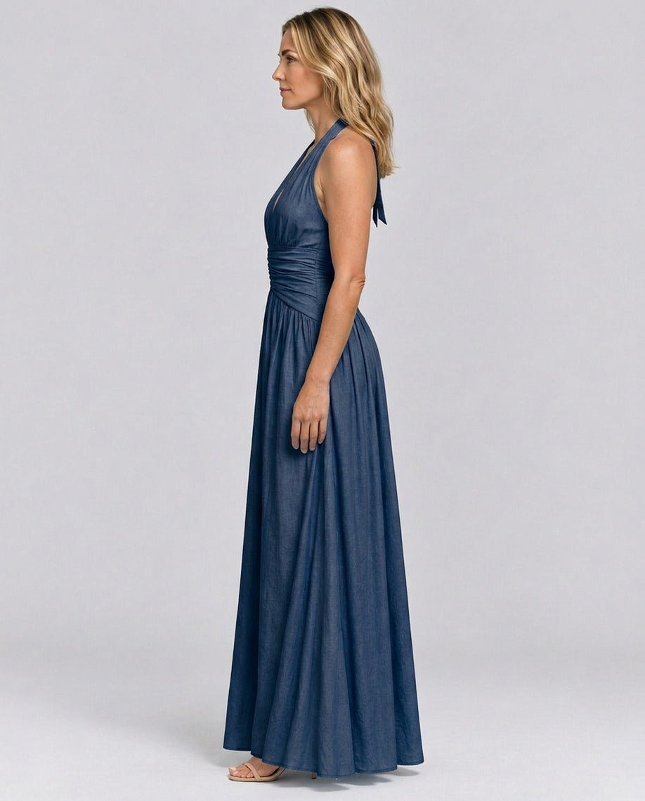 Poplin Halter Ruched Maxi Dress