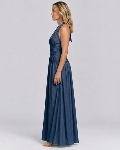 Poplin Halter Ruched Maxi Dress