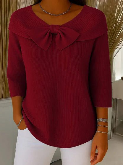 Ribbed Knit Bow Neck Sweater