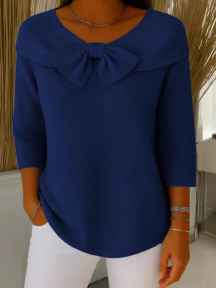 Ribbed Knit Bow Neck Sweater