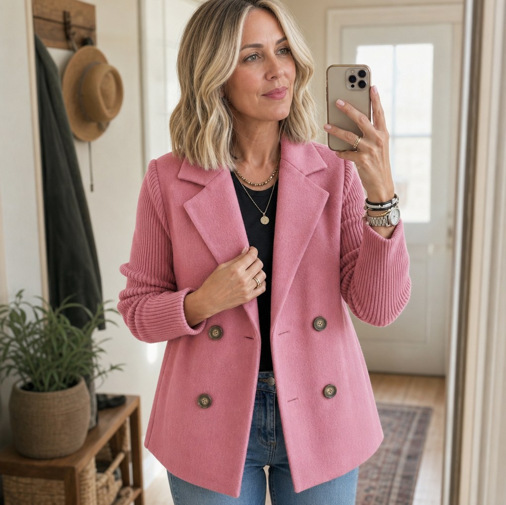 Ribbed Knit Double Breasted Jacket