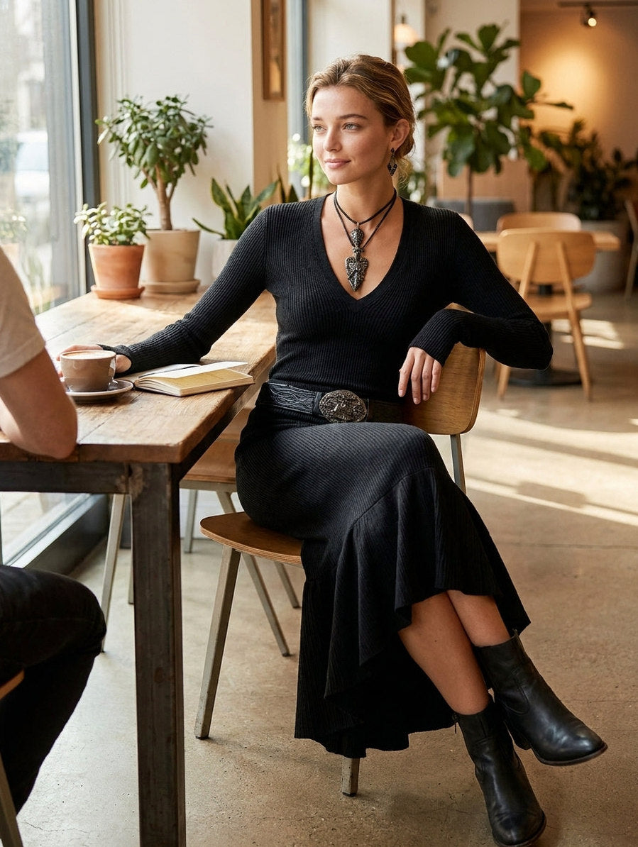 Ribbed Knit Long Sleeve Midi Dress