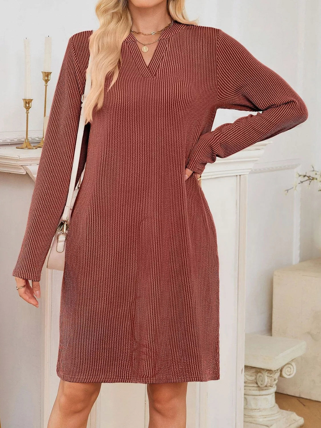 Ribbed Knit Long Sleeve Mini Sweater Dress