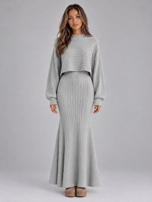 Ribbed Knit Long Sleeve Two Piece Set