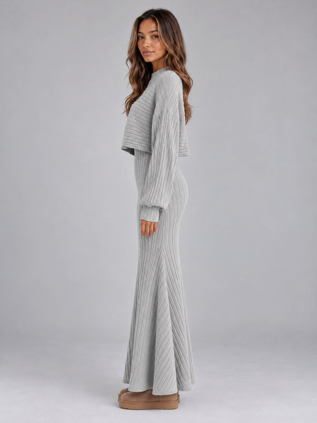 Ribbed Knit Long Sleeve Two Piece Set