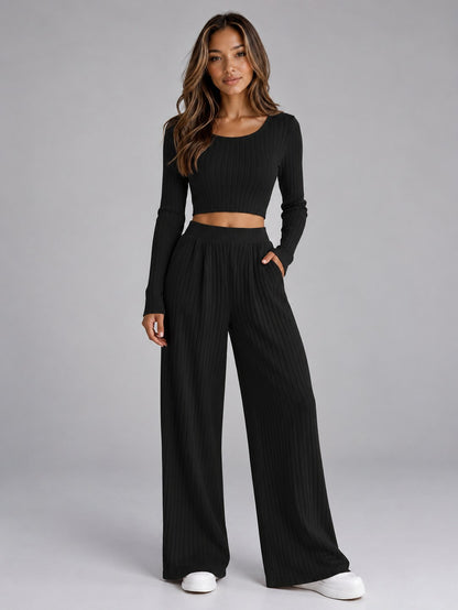 Ribbed Knit Long Sleeve Two Piece Set