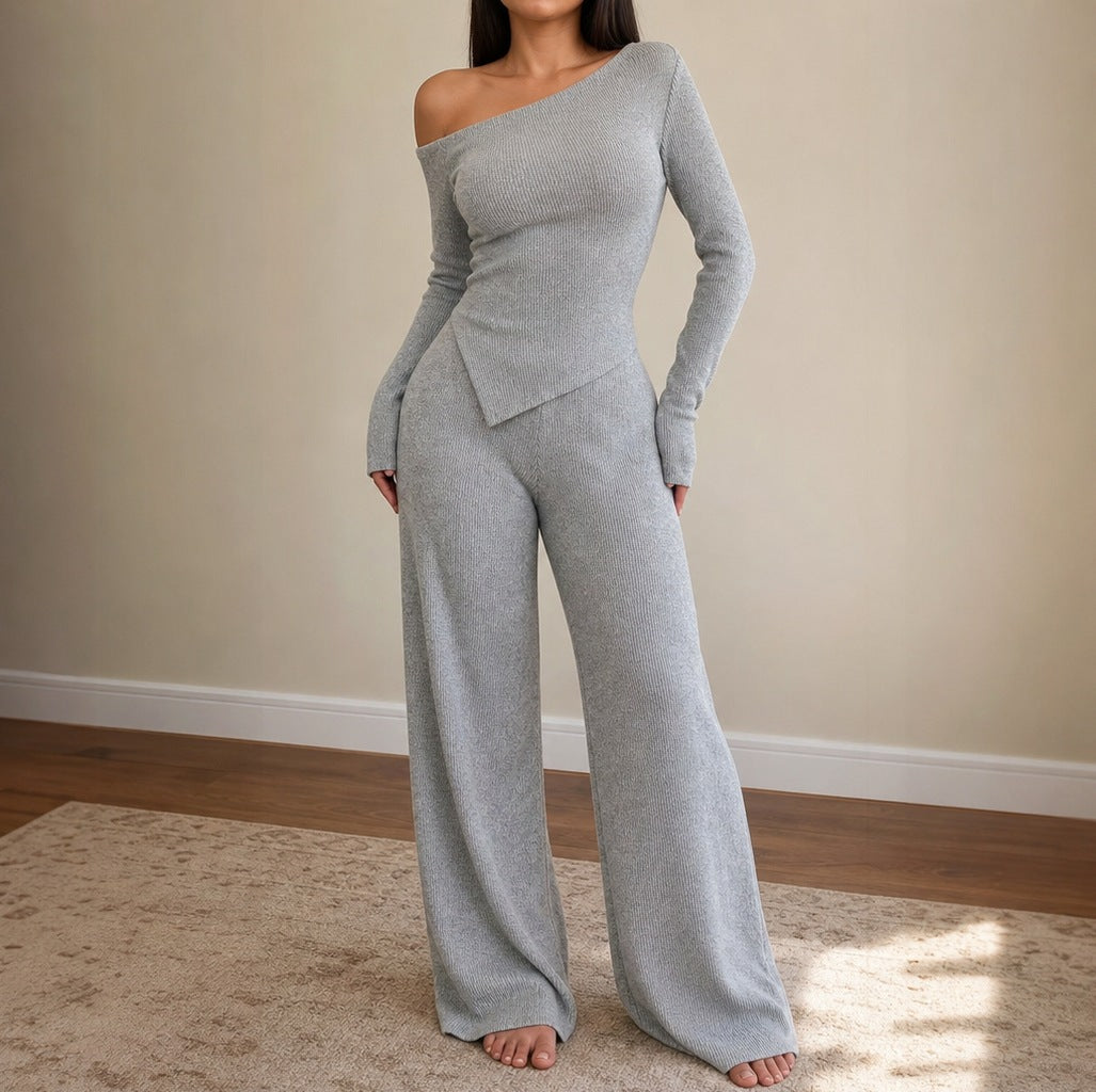 Ribbed Knit One Shoulder Long Sleeve Set
