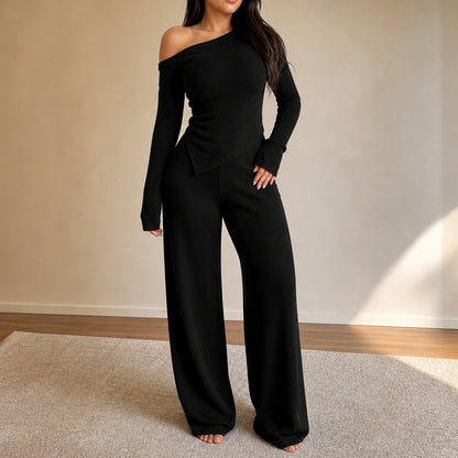Ribbed Knit One Shoulder Long Sleeve Set