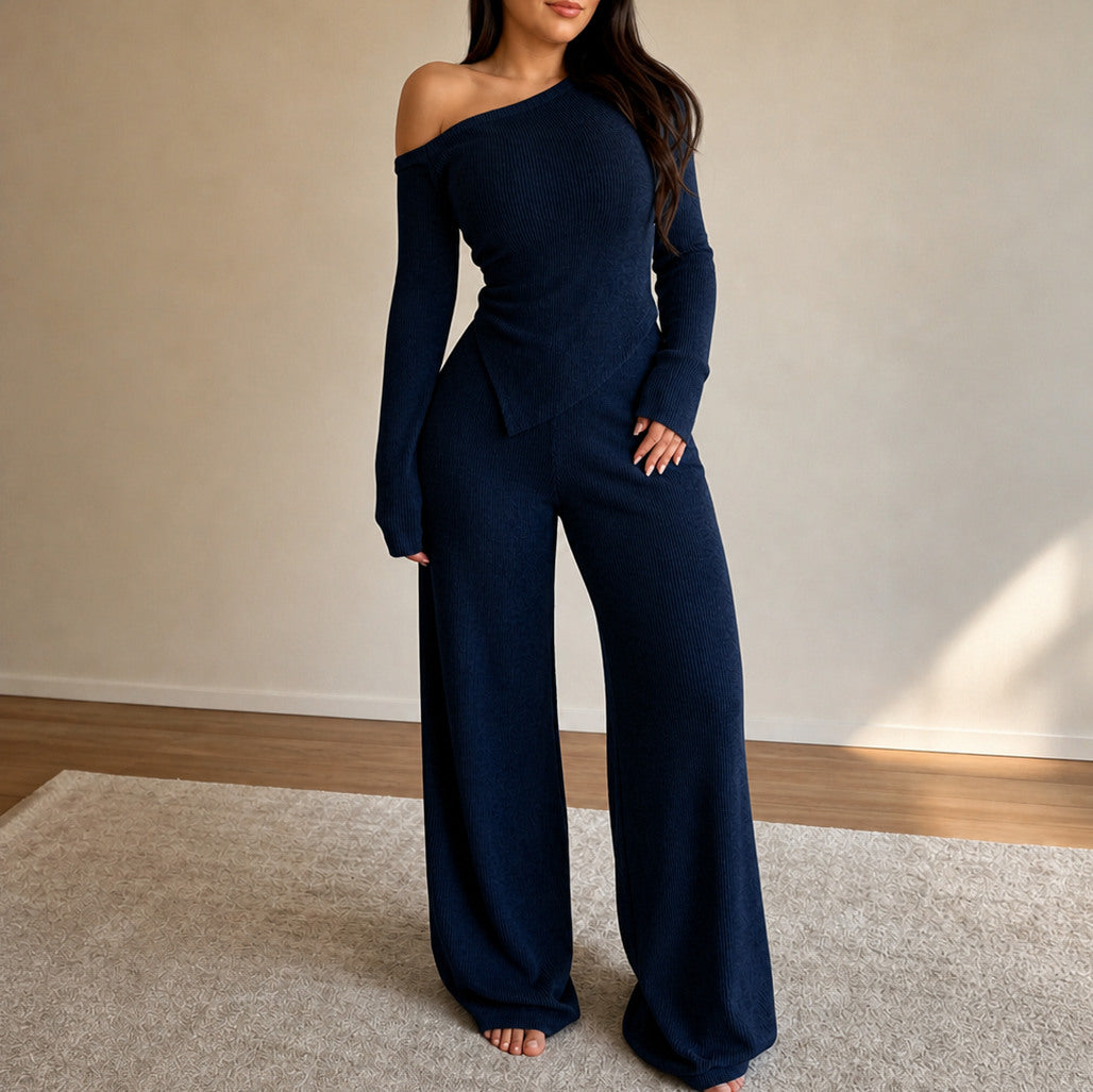 Ribbed Knit One Shoulder Long Sleeve Set