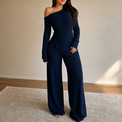Ribbed Knit One Shoulder Long Sleeve Set