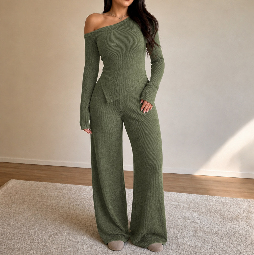 Ribbed Knit One Shoulder Long Sleeve Set