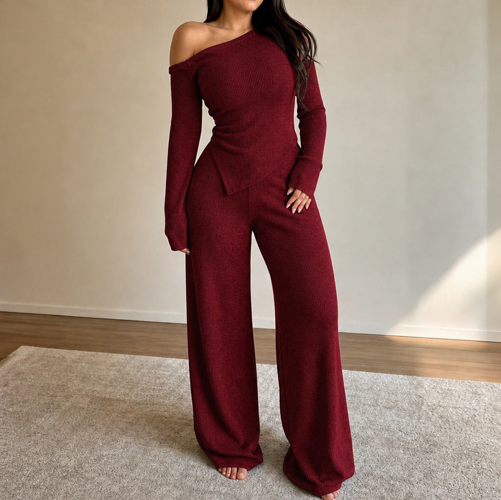 Ribbed Knit One Shoulder Long Sleeve Set