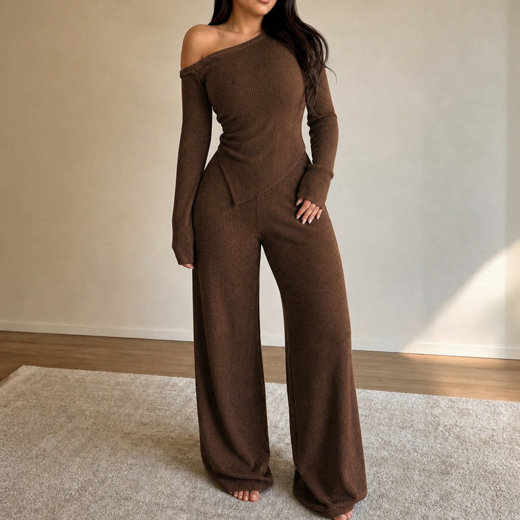 Ribbed Knit One Shoulder Long Sleeve Set