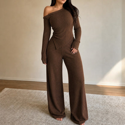 Ribbed Knit One Shoulder Long Sleeve Set