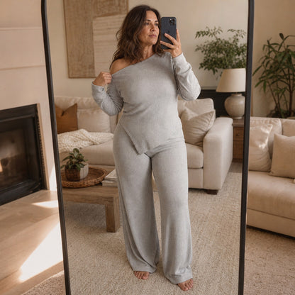 Ribbed Knit One Shoulder Long Sleeve Set