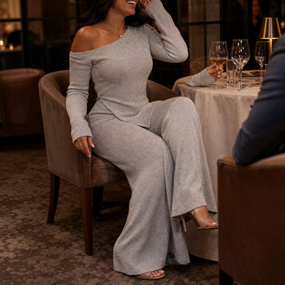 Ribbed Knit One Shoulder Long Sleeve Set