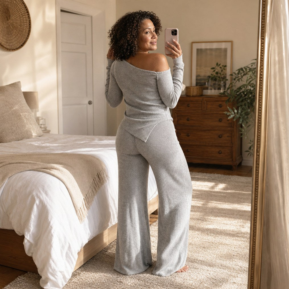 Ribbed Knit One Shoulder Long Sleeve Set