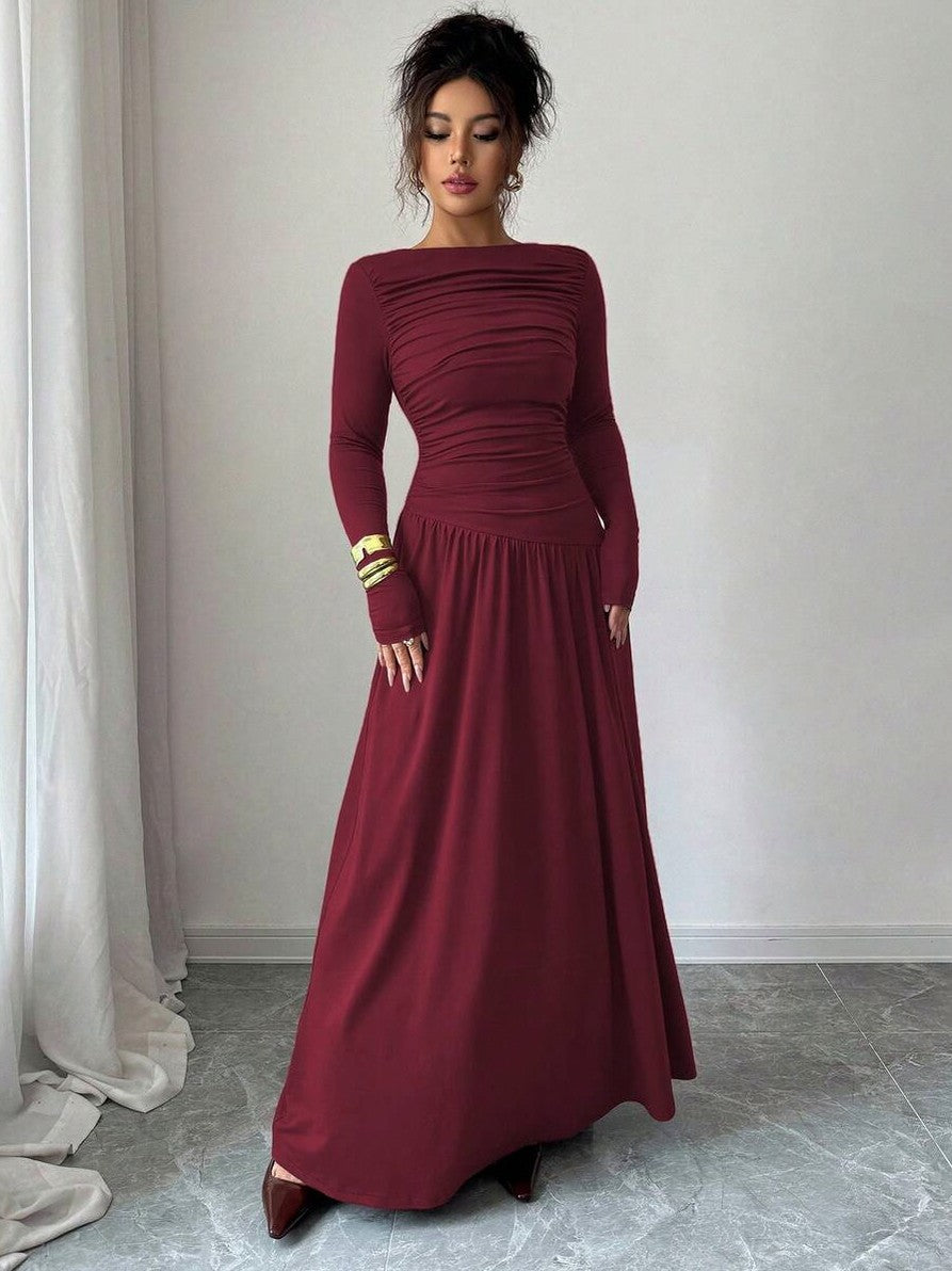 Long Sleeve Ruched Drop Waist Maxi Dress