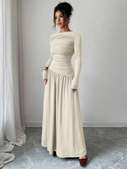 Long Sleeve Ruched Drop Waist Maxi Dress