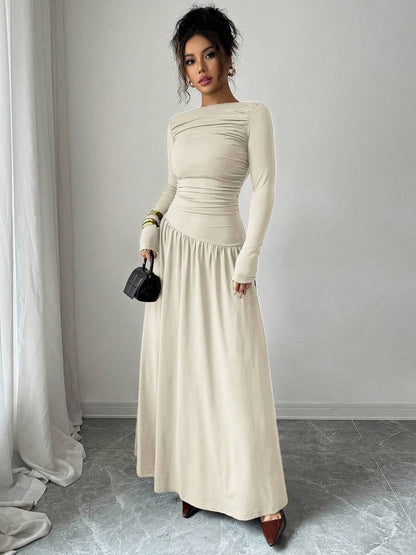 Long Sleeve Ruched Drop Waist Maxi Dress