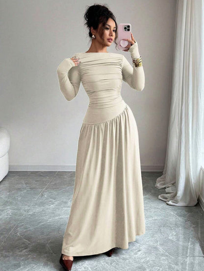 Long Sleeve Ruched Drop Waist Maxi Dress