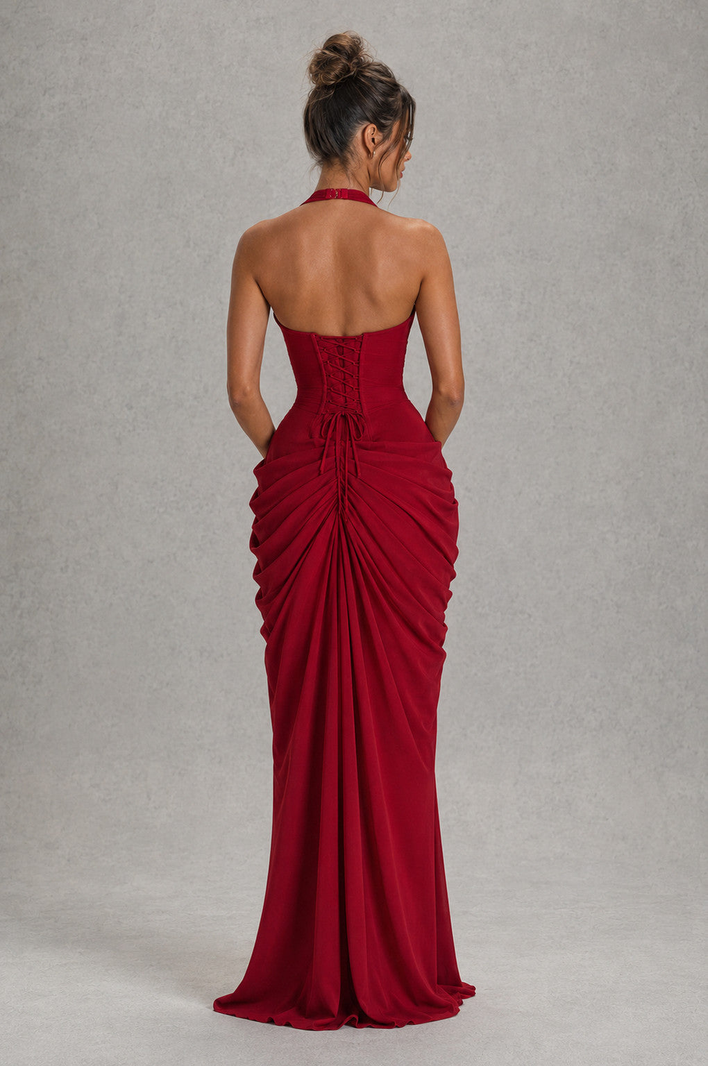 Ruched Halter Slit Maxi Dress