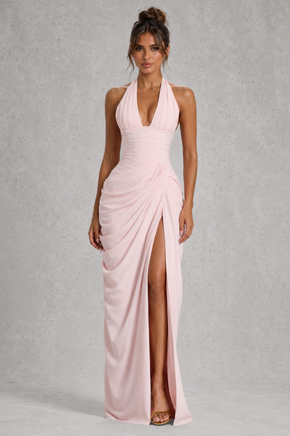 Ruched Halter Slit Maxi Dress
