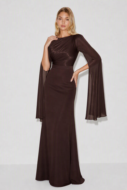 Ruched Long Sleeve Cape Maxi Dress