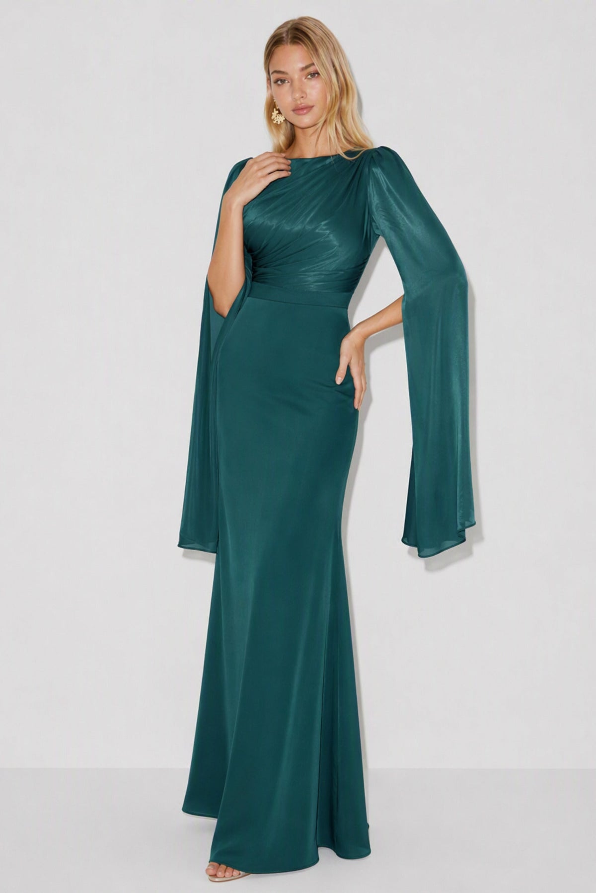 Ruched Long Sleeve Cape Maxi Dress