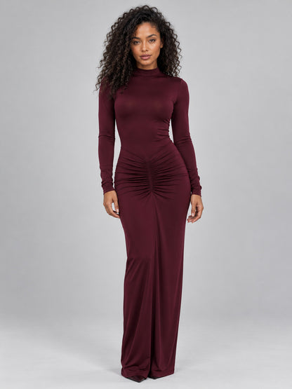 Mock Neck Ruched Bodycon Maxi Dress