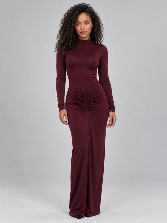 Mock Neck Ruched Bodycon Maxi Dress