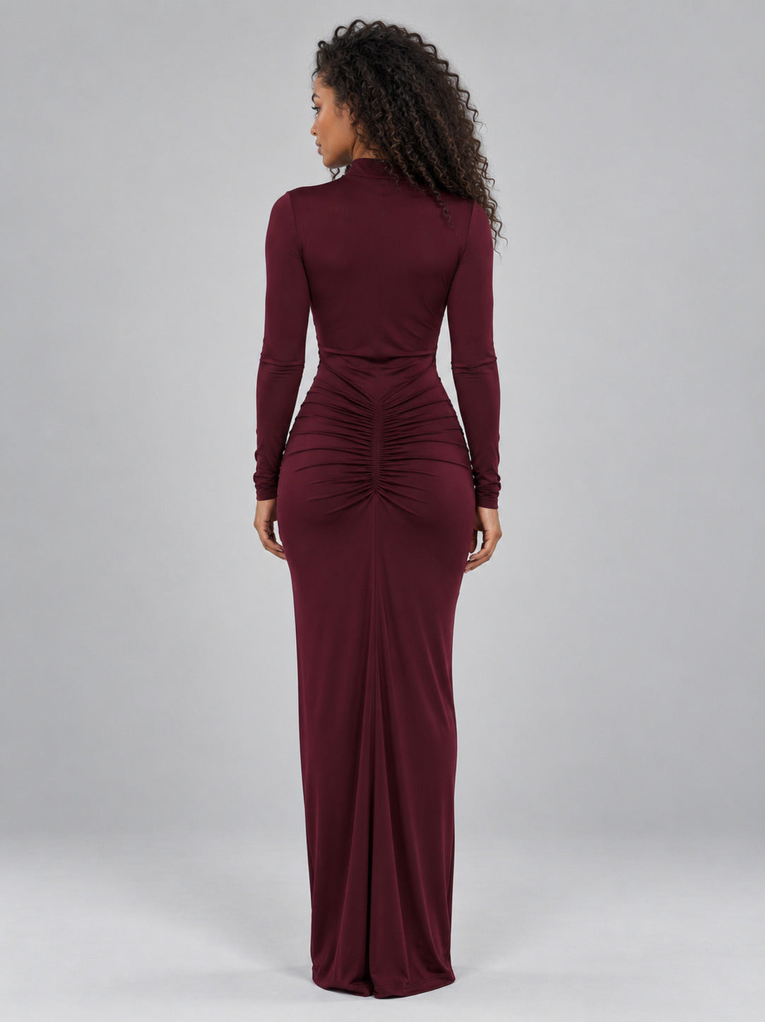 Mock Neck Ruched Bodycon Maxi Dress