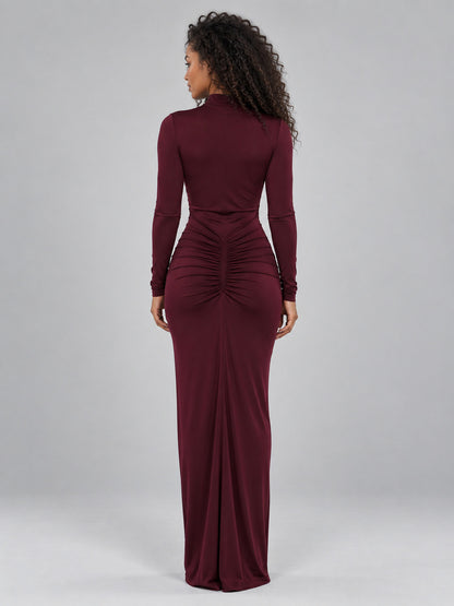 Mock Neck Ruched Bodycon Maxi Dress