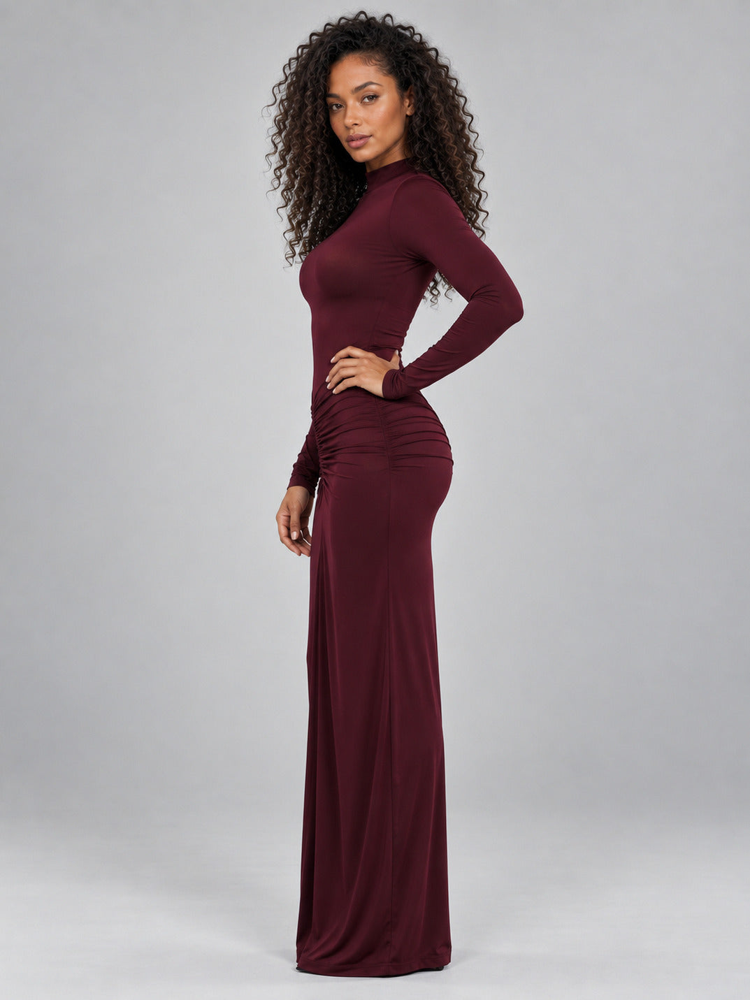Mock Neck Ruched Bodycon Maxi Dress
