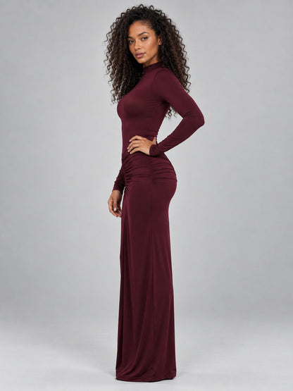 Mock Neck Ruched Bodycon Maxi Dress