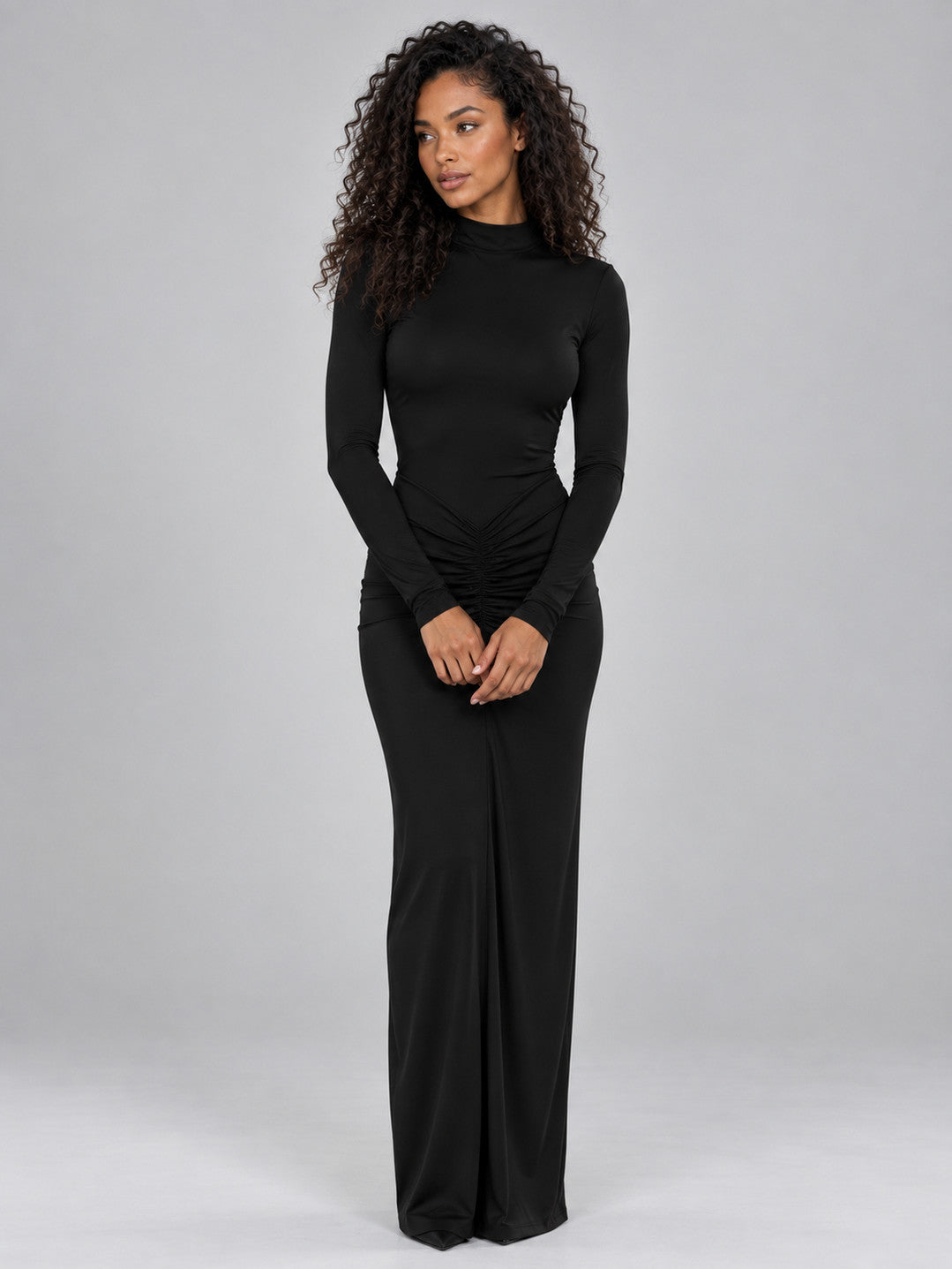Mock Neck Ruched Bodycon Maxi Dress