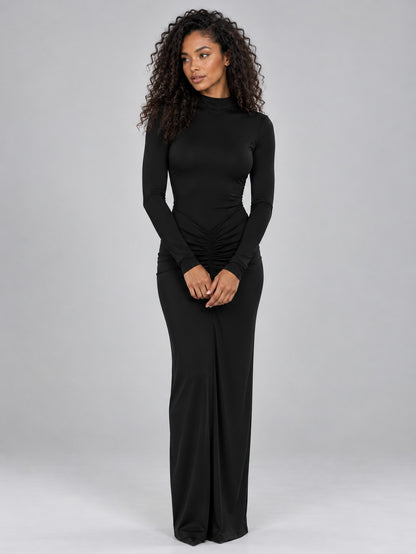 Mock Neck Ruched Bodycon Maxi Dress
