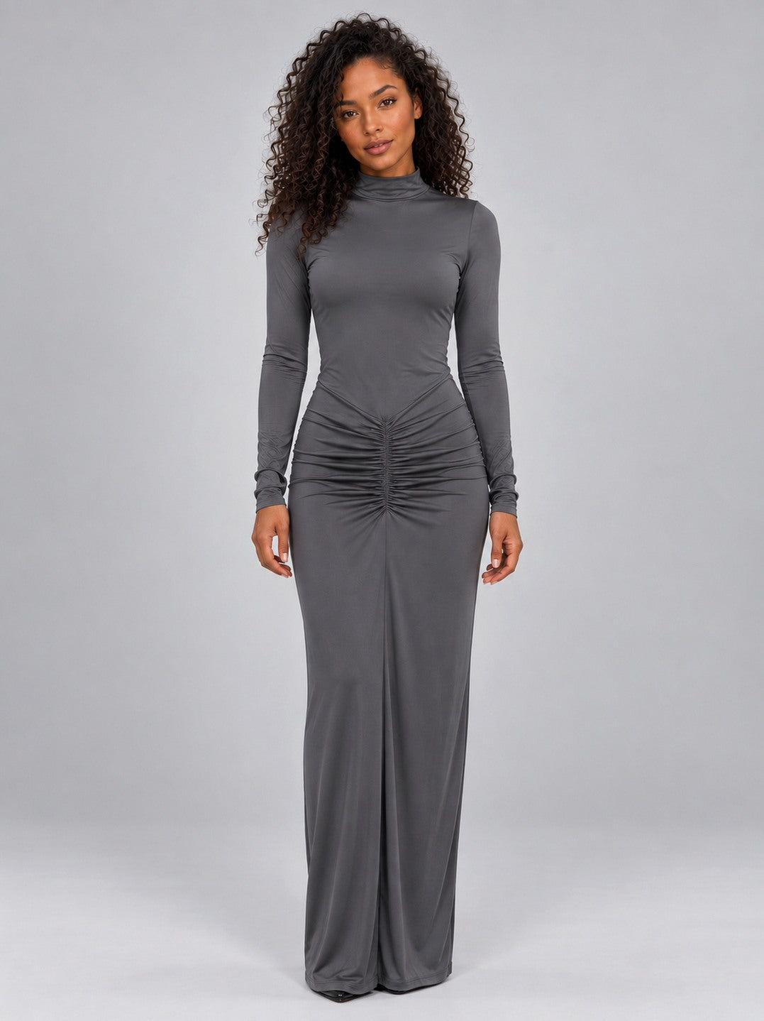 Mock Neck Ruched Bodycon Maxi Dress