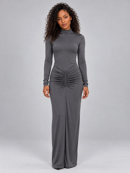 Mock Neck Ruched Bodycon Maxi Dress