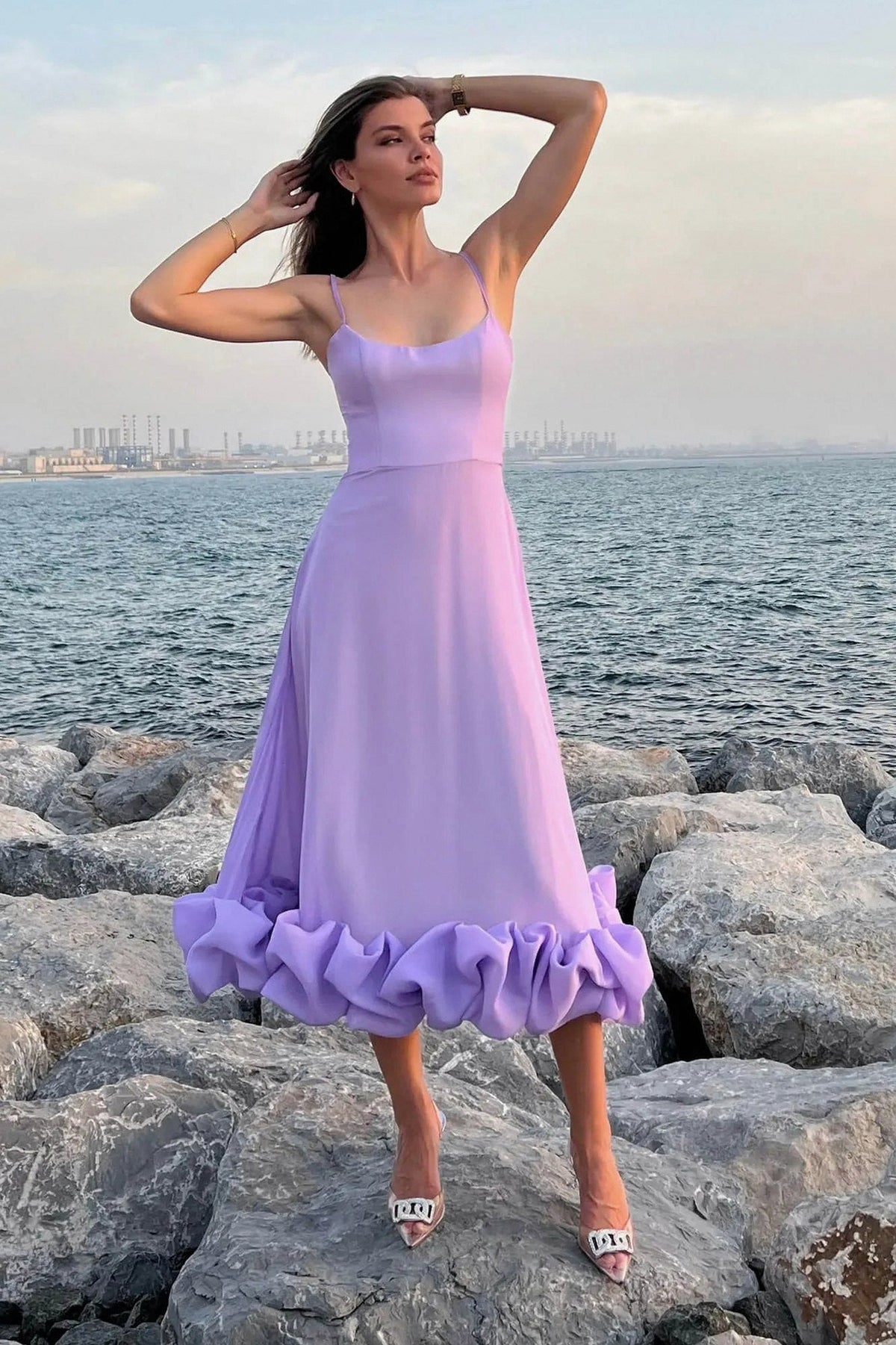 Ruffle Hem Scoop Midi Dress