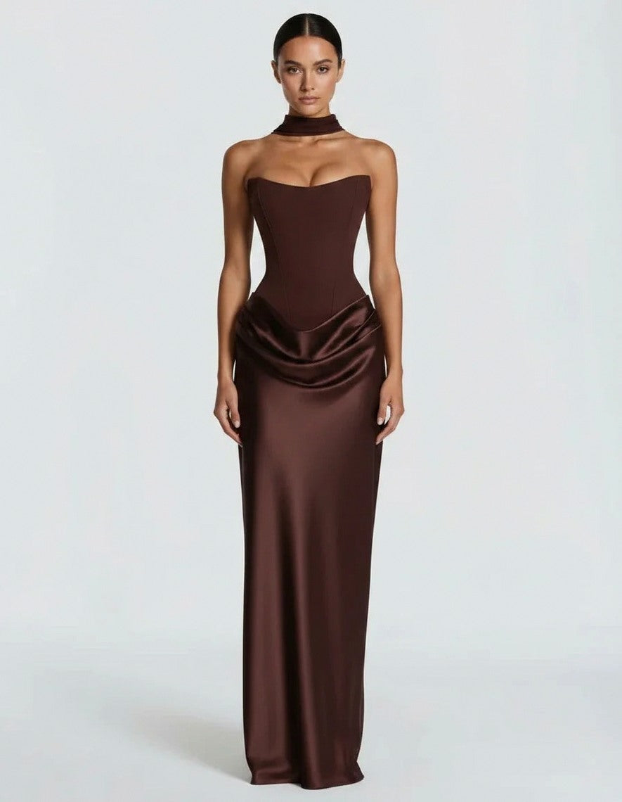 Satin Corset Draped Maxi Dress