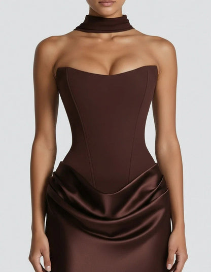 Satin Corset Draped Maxi Dress
